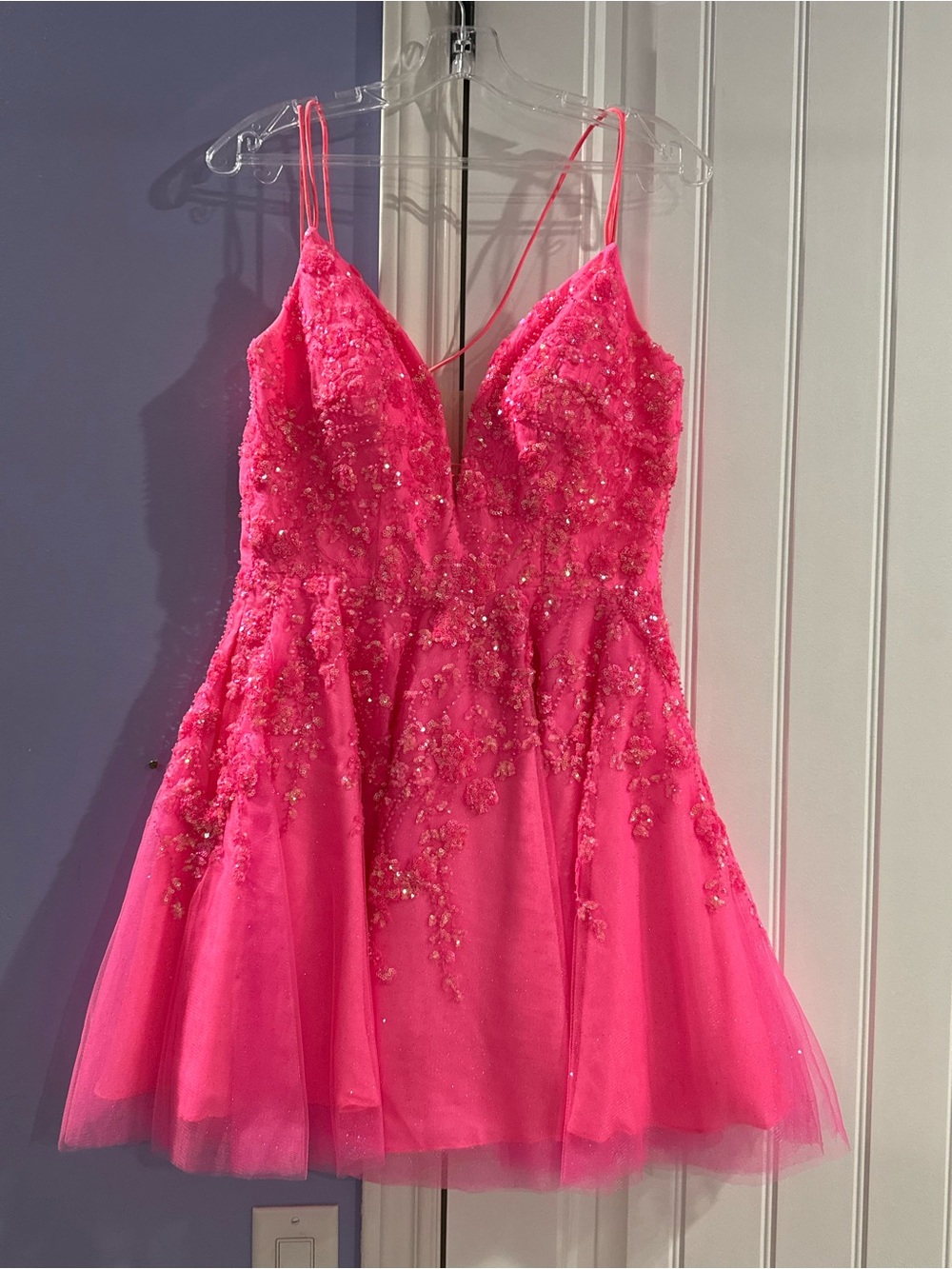 Youthful Hot Pink Beaded Tulle Prom Dress